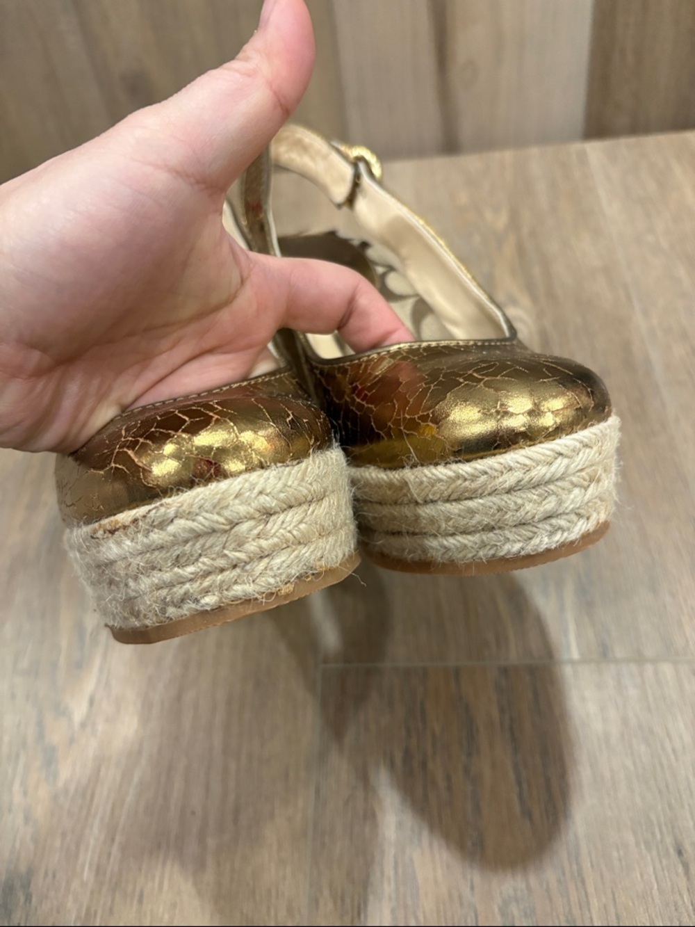 Coach Ireland Crackled Gold Leather Slingback Platform Wedge Espadrille Karisa 8 - Picture 3 of 12